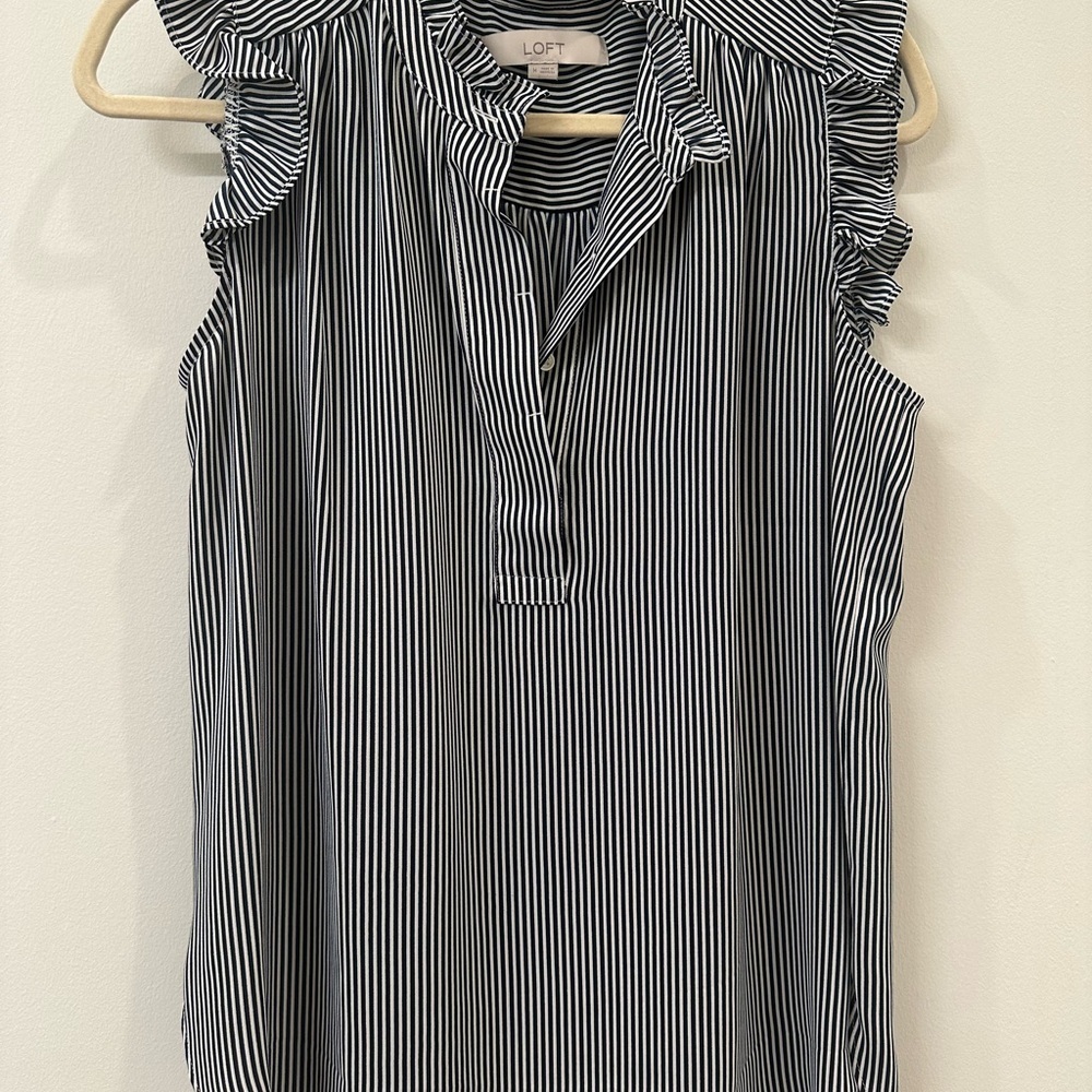 LOFT Navy and White Striped Ruffle Blouse